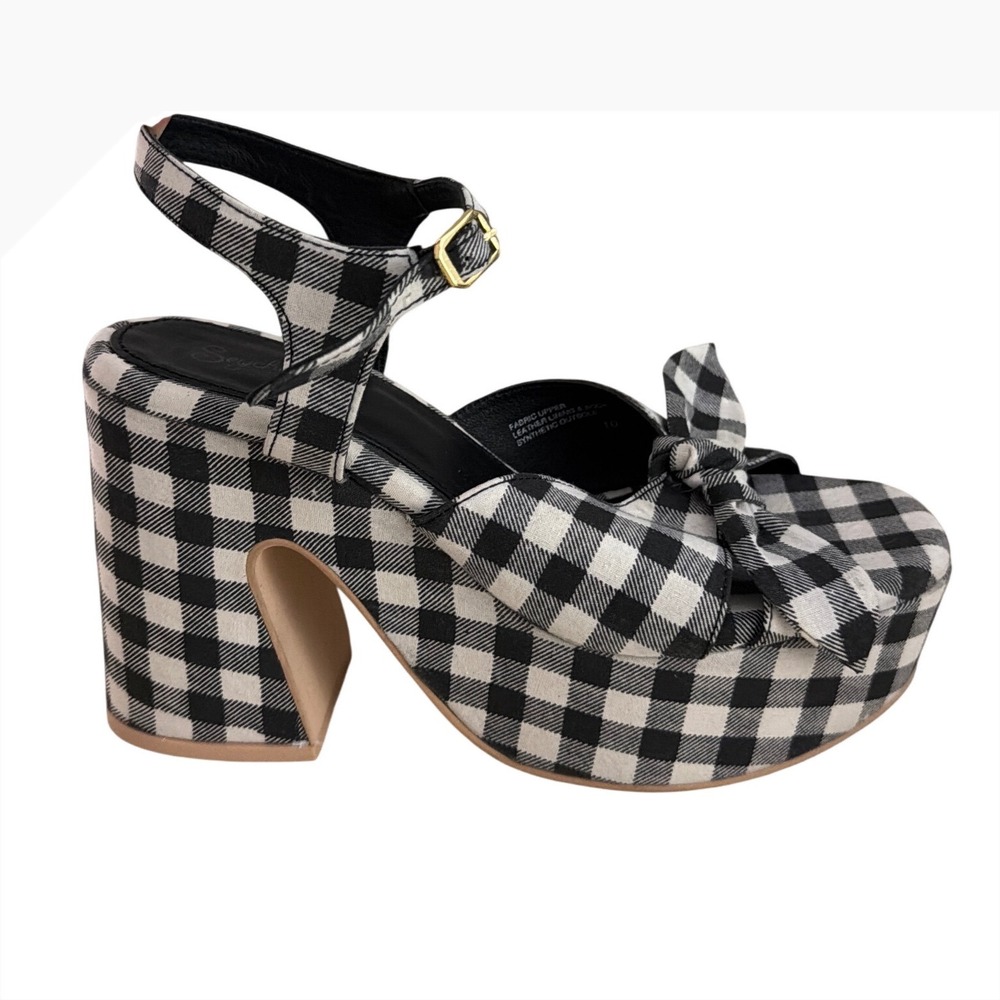 Seychelles New American Black White Gingham Platform Sandals Bow Block Heel
 10